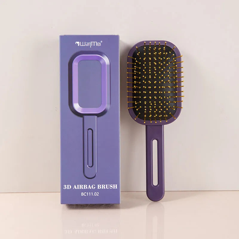 3D air cushion comb with steel needles, black handle pink ring, light purple or dark purple, boxed, handle over 20cm