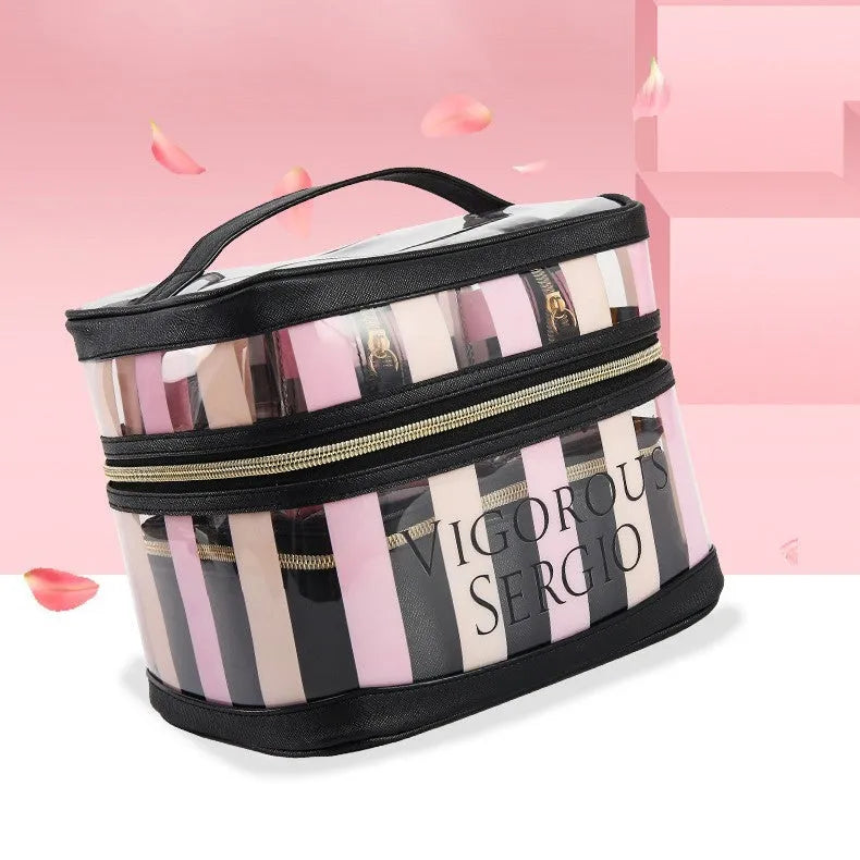 Pink bold stripes buggy bag makeup kit with flower pattern and folding design