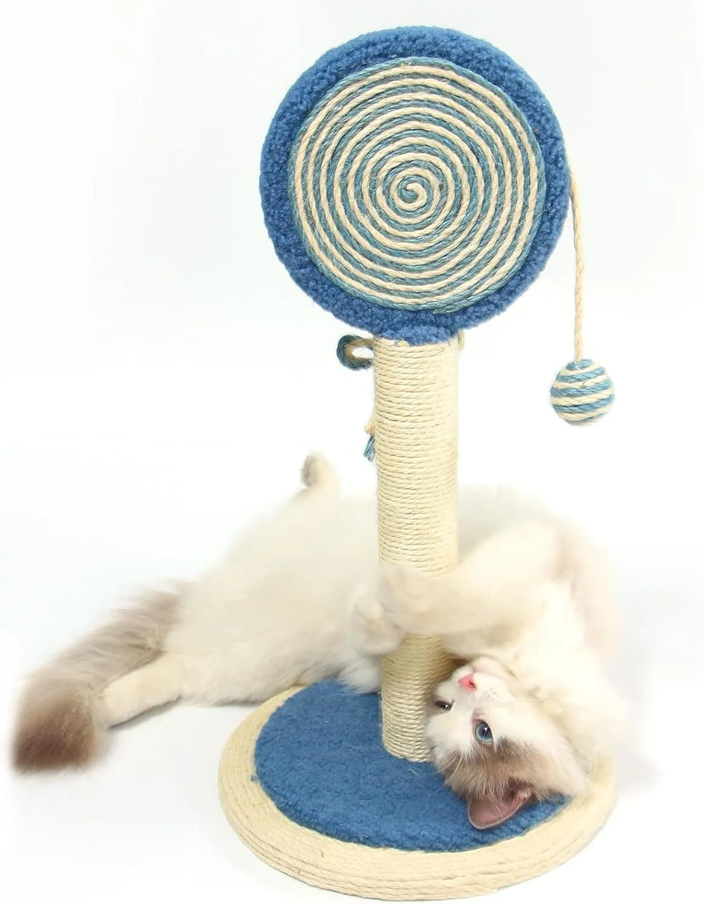 Blue cat scratching post with natural sisal rope and a hanging ball on a sturdy wooden base