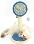 Blue cat scratching post with natural sisal rope and a hanging ball on a sturdy wooden base