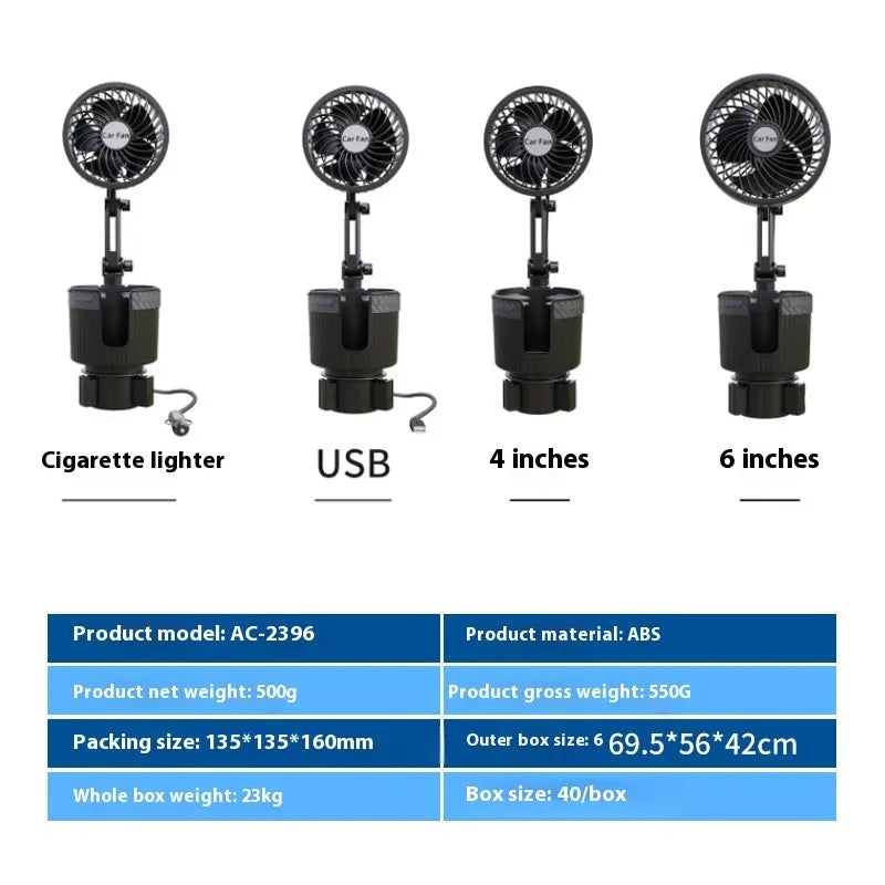 Car water cup holder fan in ABS, available in 4-inch and 6-inch sizes with 12V, 24V or 5V USB plug