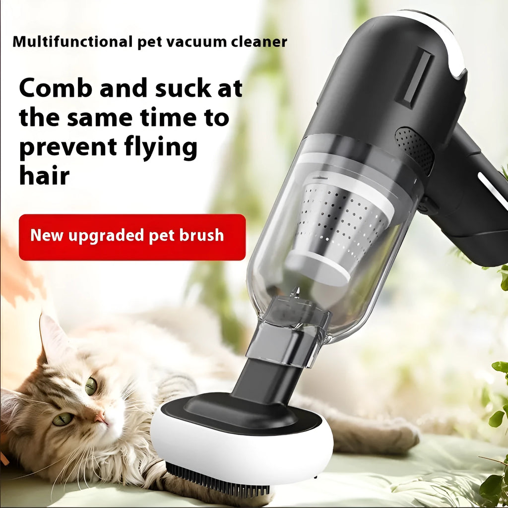 Handheld cordless pet hair vacuum cleaner with attachments including floor brush and nozzle