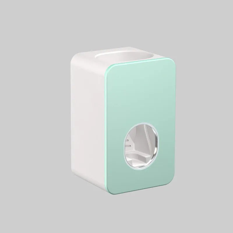 Wall-mounted automatic toothpaste dispenser with punch-free fixing, shown in black, grey, pink, green and white options