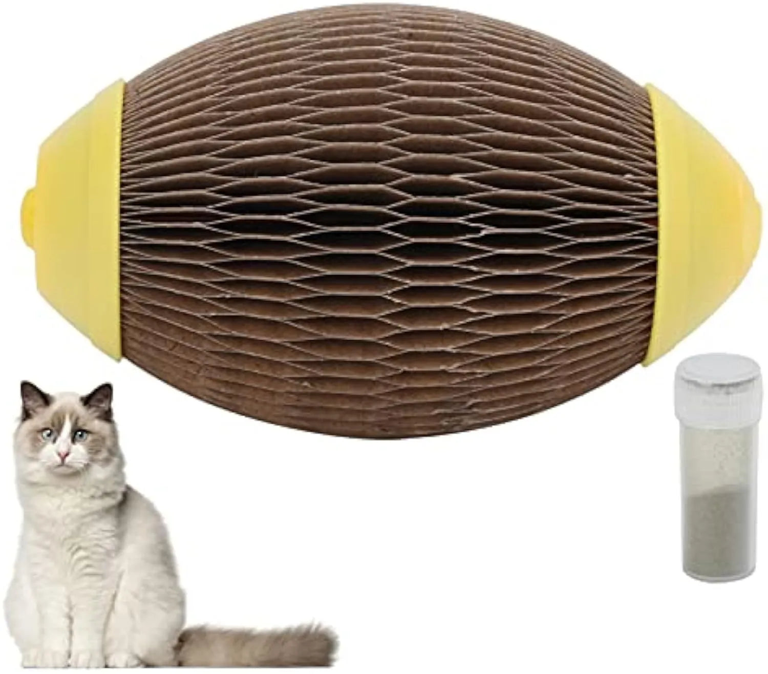 Ellipse-shaped corrugated paper catnip ball toy with scratch surface for cats.