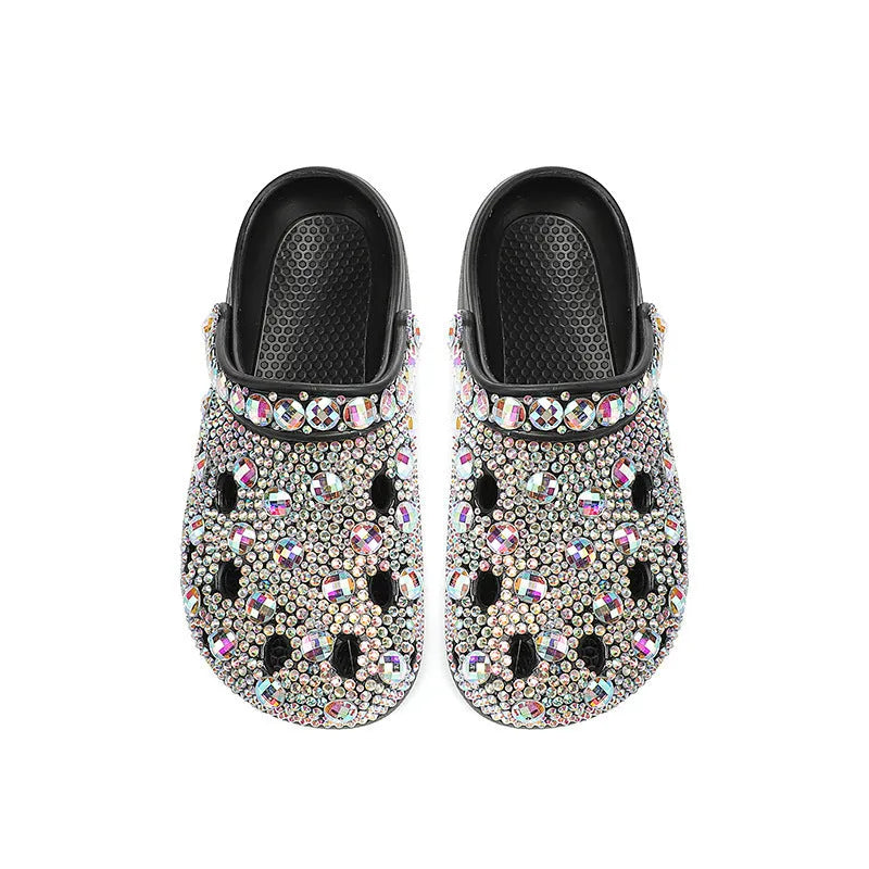 Black women's platform sandals with rhinestone decoration on EVA construction