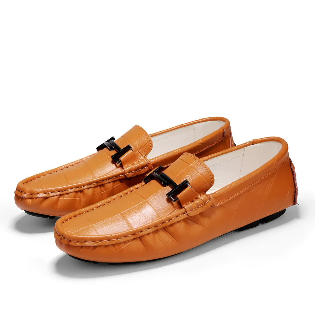 Men's black leather lace-up casual shoes with a flat rubber sole and buckle detail