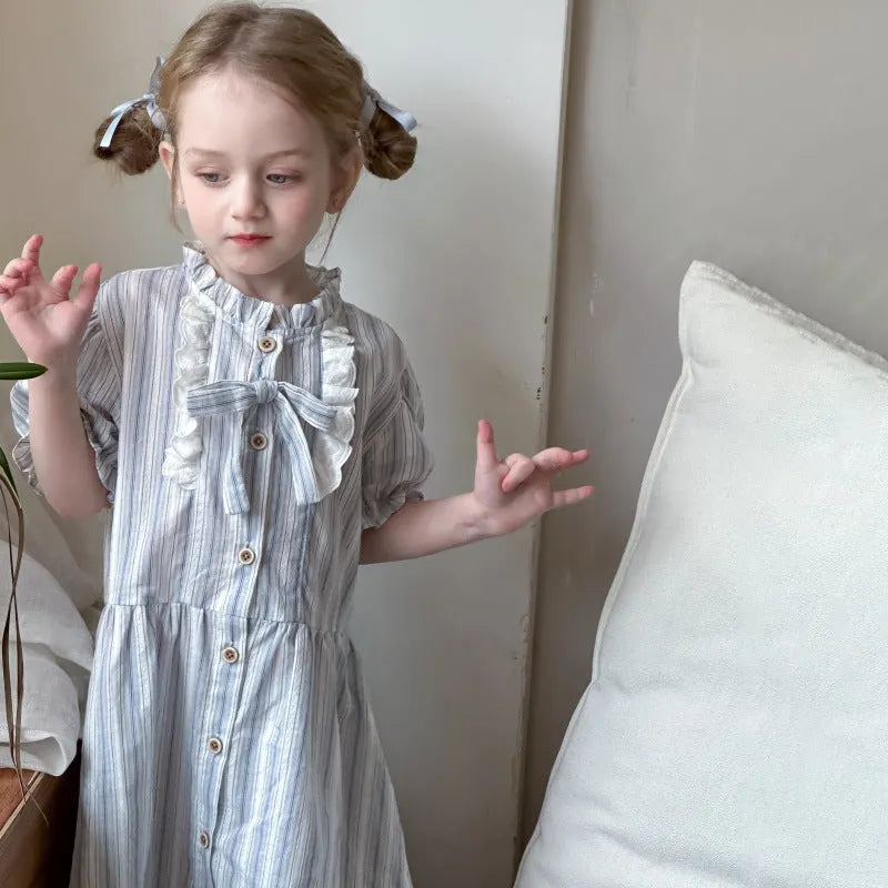 Baby girl short sleeve cotton dress in light blue stripes with A-line skirt and non-slip design, sizes 90cm to 130cm