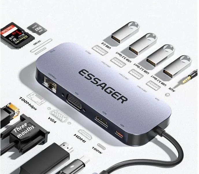 11-in-1 USB-C expansion dock with Gigabit Ethernet port, HDMI, USB-A ports and 20cm cable
