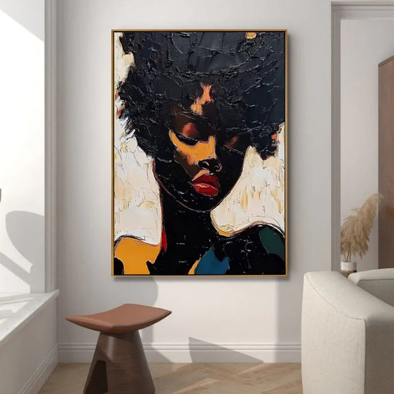 Hand-painted oil painting on canvas of an African woman in abstract graffiti street art style, vertical one-panel wall art.