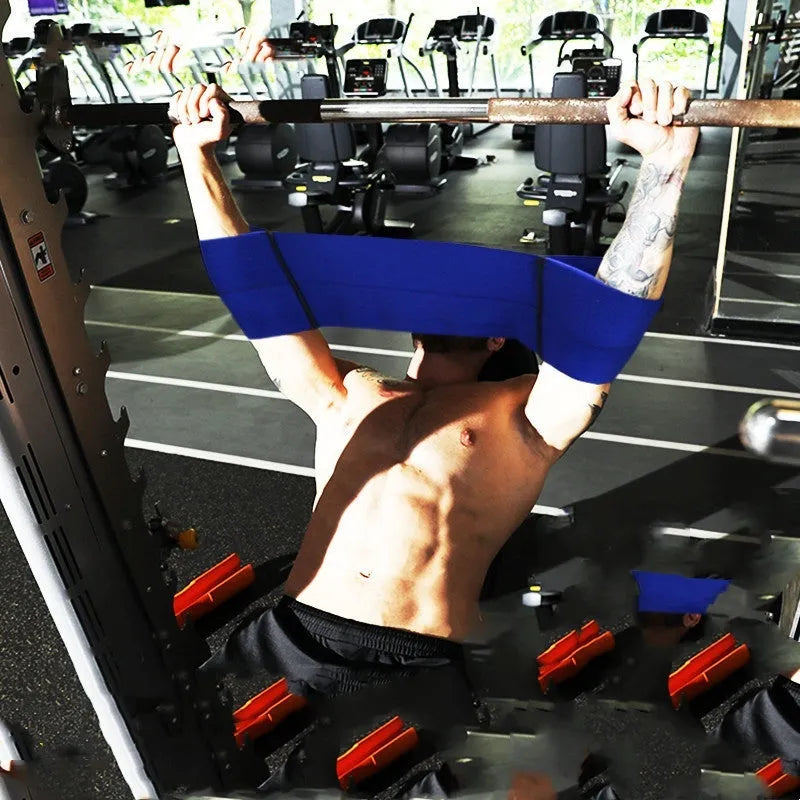 Elastic elbow support bandage for sports, shown in black, blue, grey, and red colours.