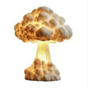 Atomic bomb explosion mushroom cloud shaped USB table lamp on a desk.