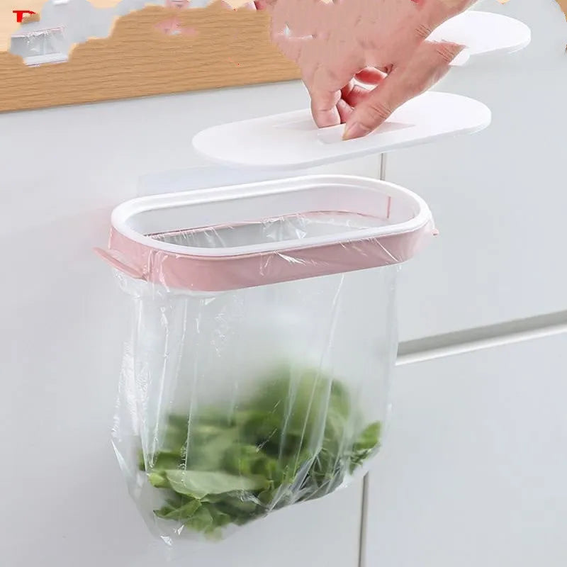 Blue plastic kitchen garbage bag storage rack mounted inside cabinet door