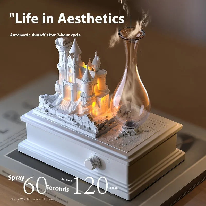 White medieval castle cold fragrance aromatherapy machine with ambient lighting on wooden surface