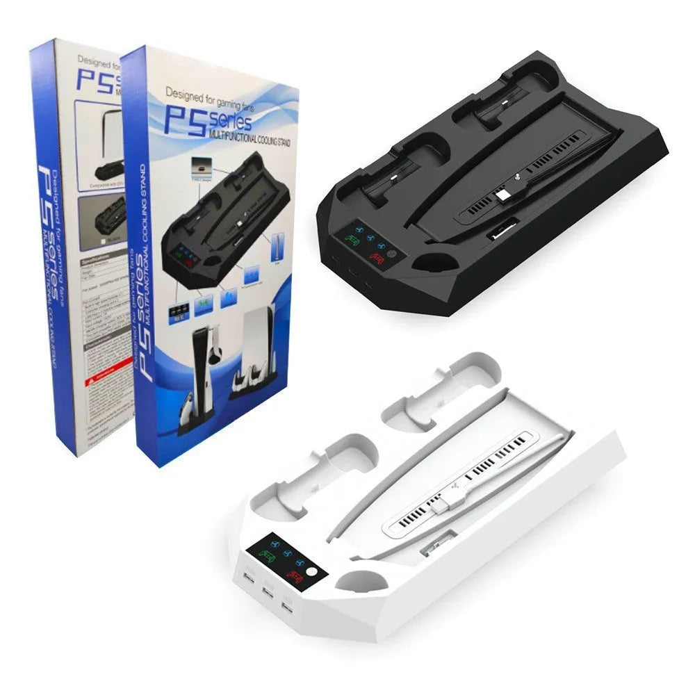 PS5 charging base radiator in black colour showing direct plug connection and controller charging