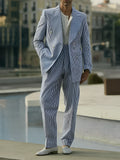 Blue and white striped women's polyester blazer and trouser suit set