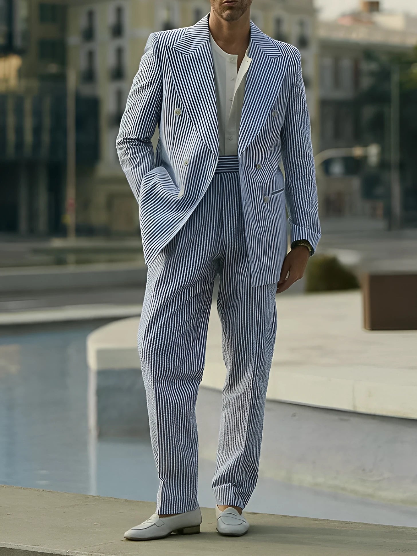 Blue and white striped women's polyester blazer and trouser suit set