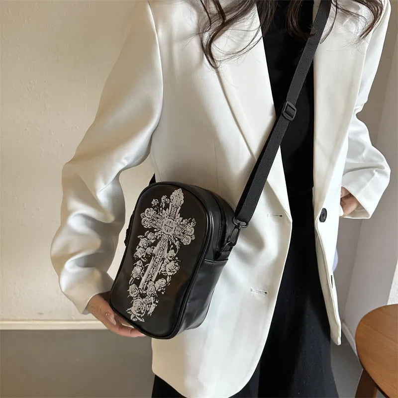 Halloween graffiti print crossbody bag with cartoon pumpkin, ghost and bat designs