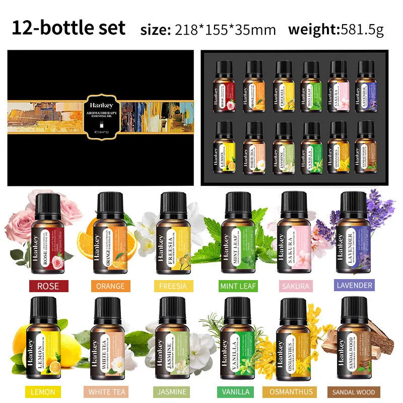 Boxed water-soluble aromatherapy essential oil sets in multiple sizes for diffuser use