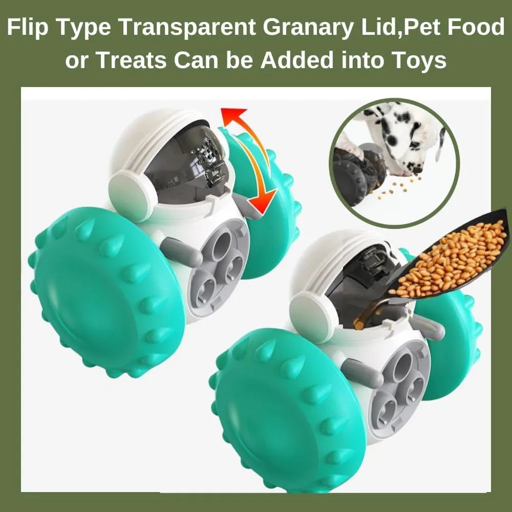 Robot-like self-balancing dog treat dispenser toy for small pets.