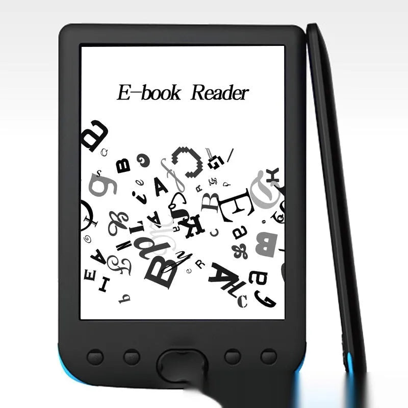 Black 6-inch E-ink screen e-book reader with anti-glare display showing book text