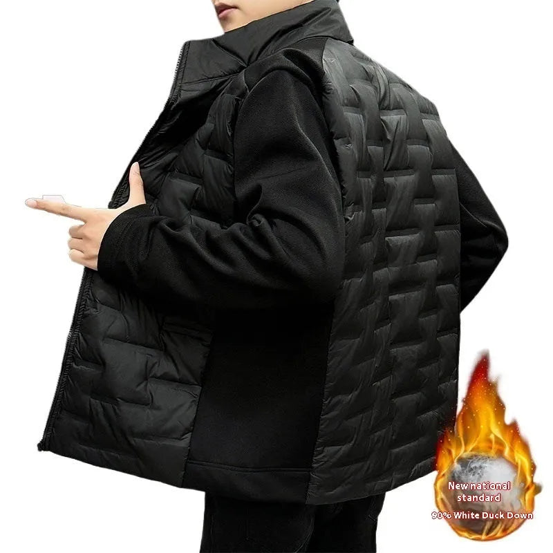 Black lightweight down jacket, loose fit cardigan style, sizes XS-4XL