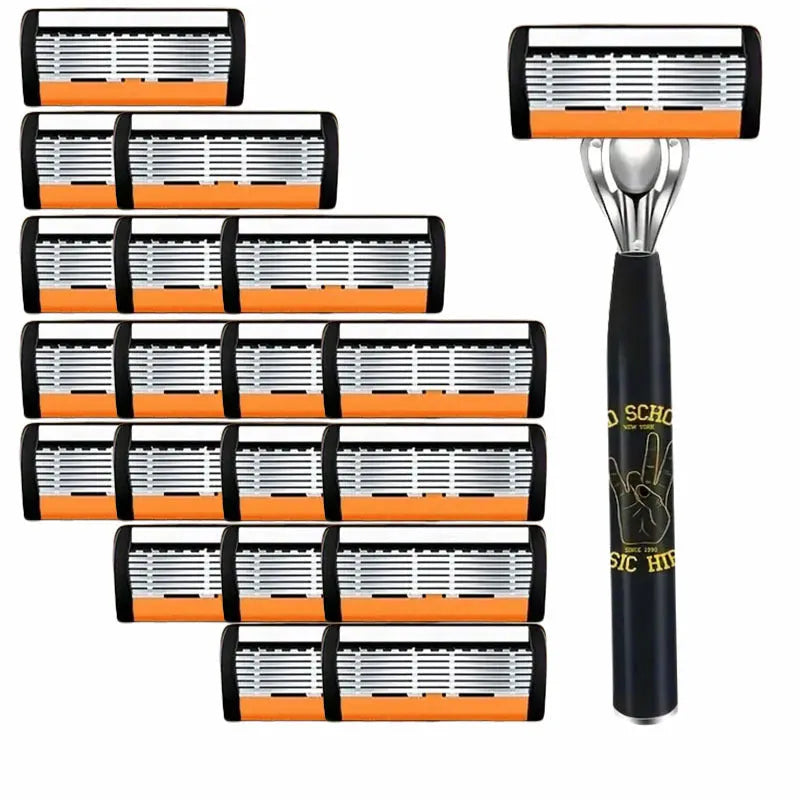 Black manual shaver handle with six-layer cutter head and various blade refill packs