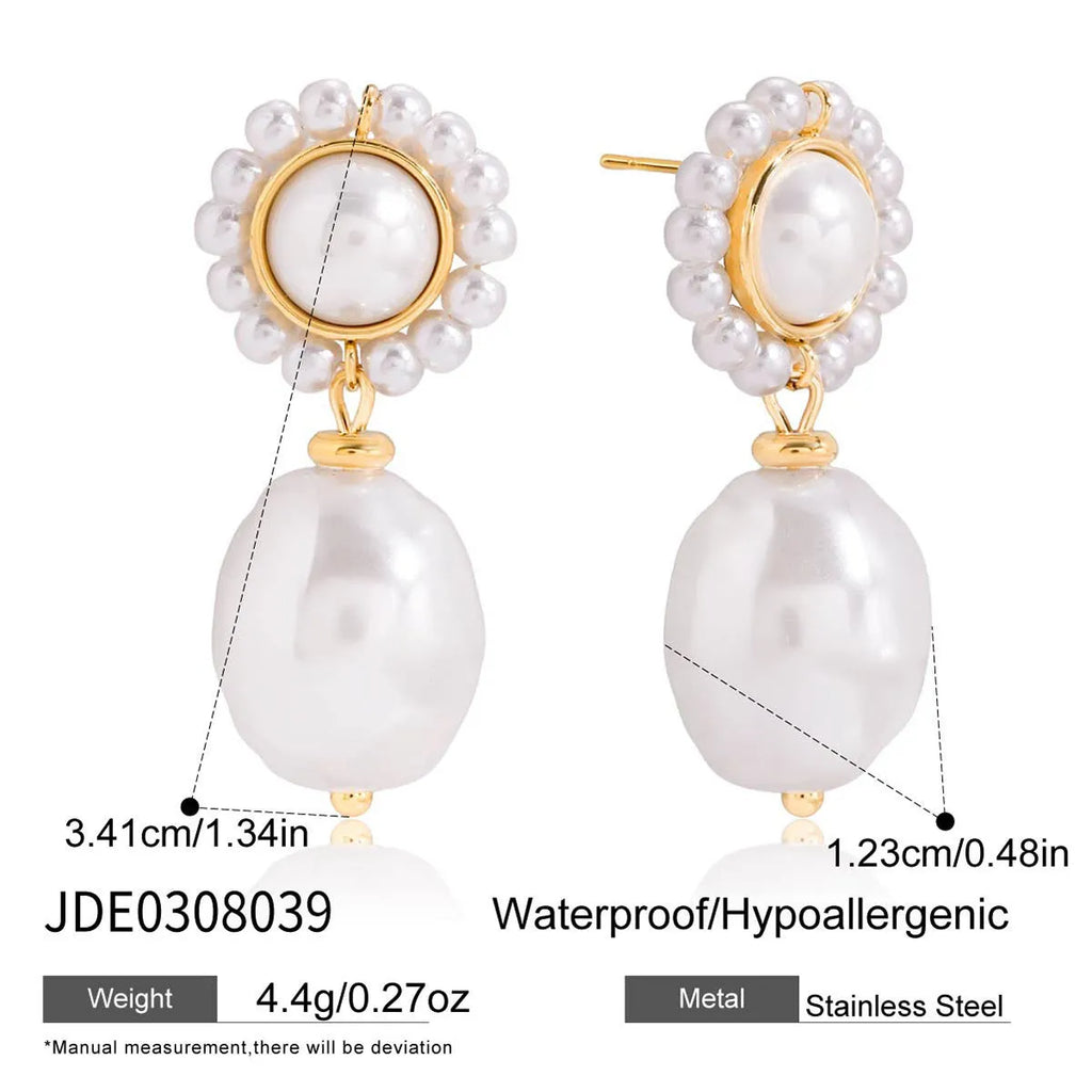 Women's stainless steel pearl ear studs with geometric ellipse shape and electroplated silver-tone finish