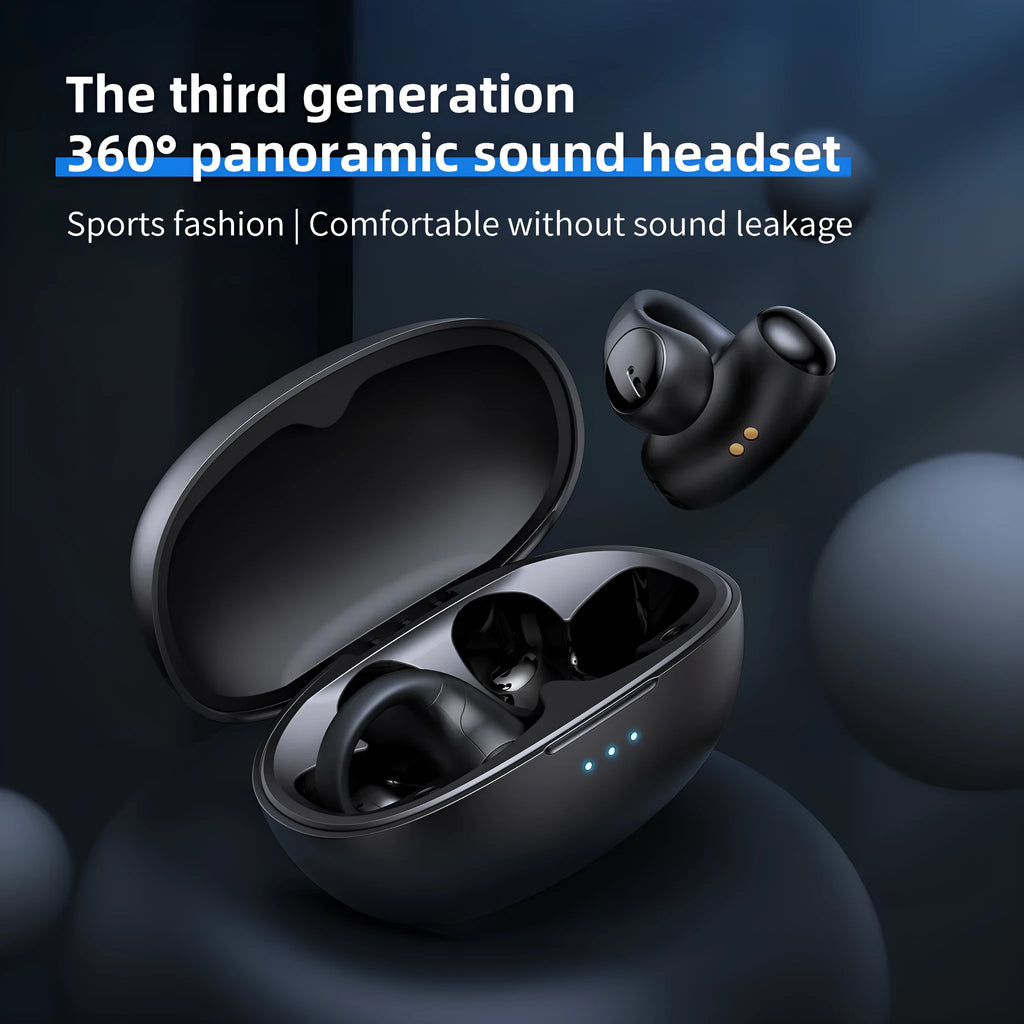 Black and white wireless Bluetooth sports headset with ear hook design for gaming and fitness.