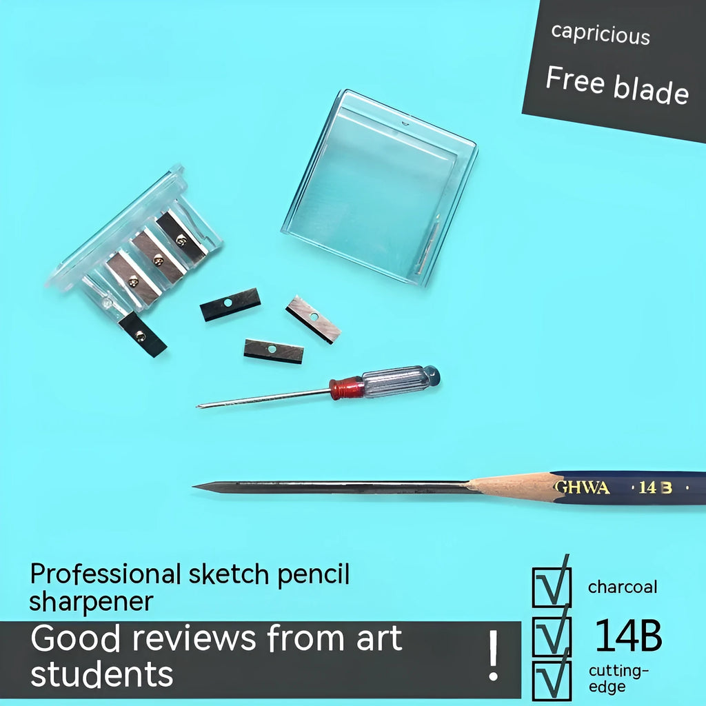 Geometric plastic pencil sharpener with four holes and maintenance screwdriver for art sketching