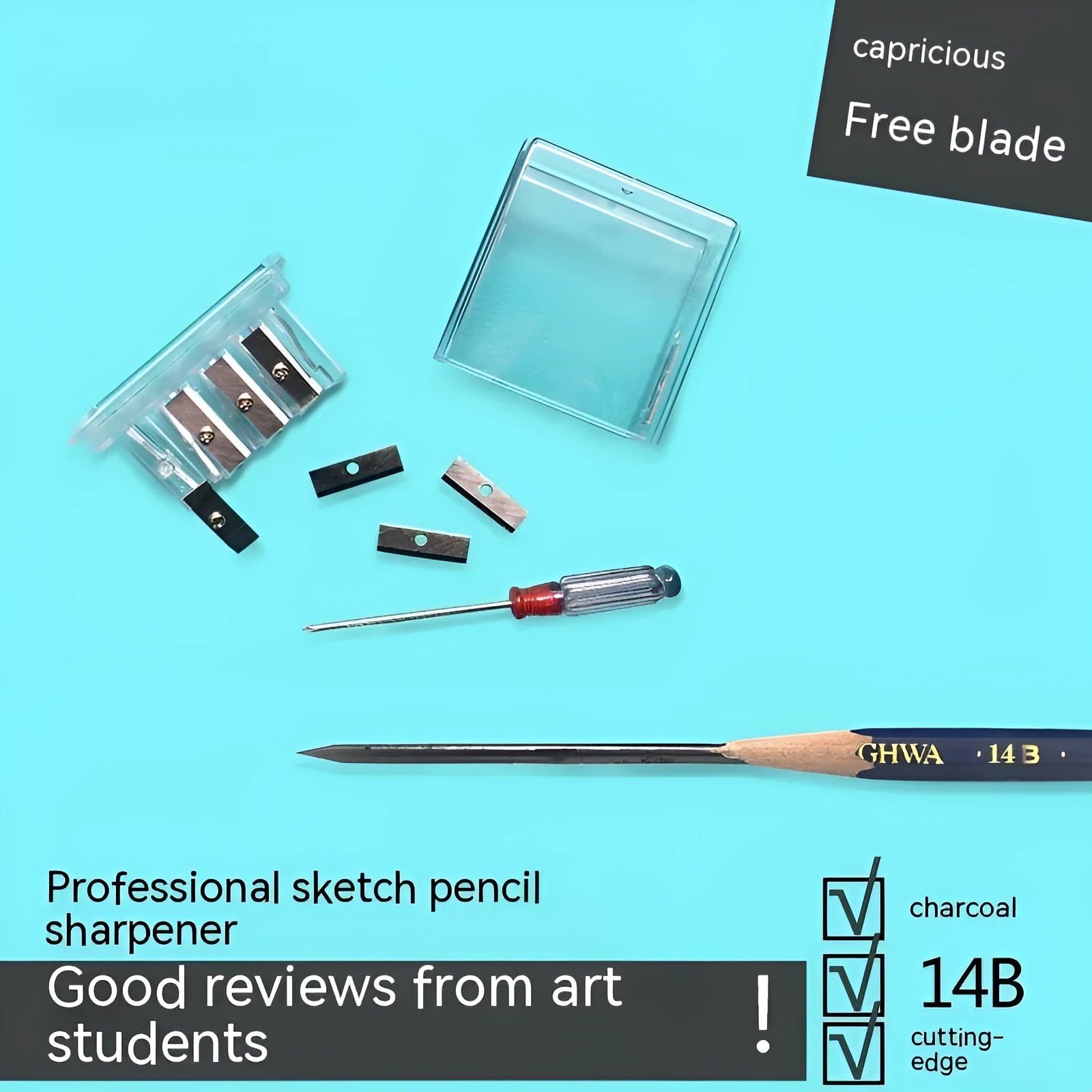Geometric plastic pencil sharpener with four holes and maintenance screwdriver for art sketching