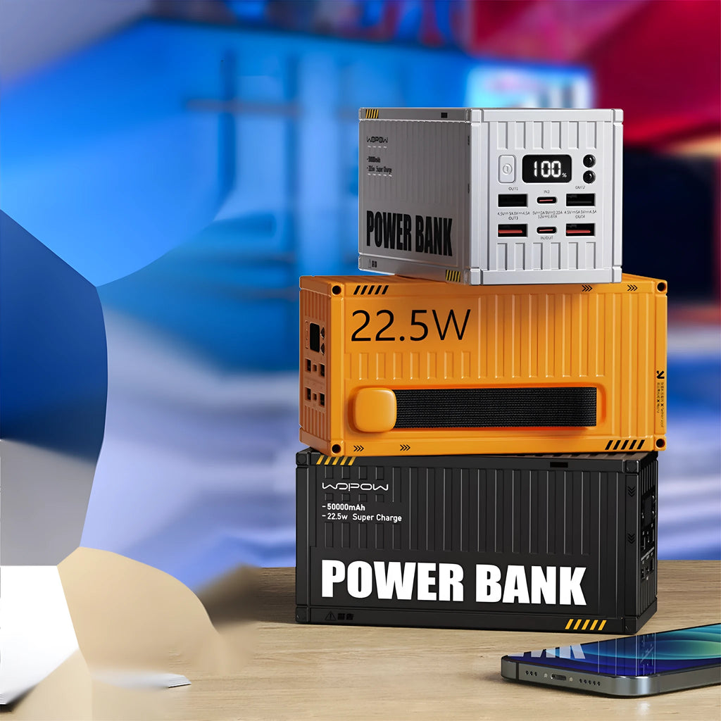 Yellow 50000mAh digital display power bank with five charging ports and emergency lighting