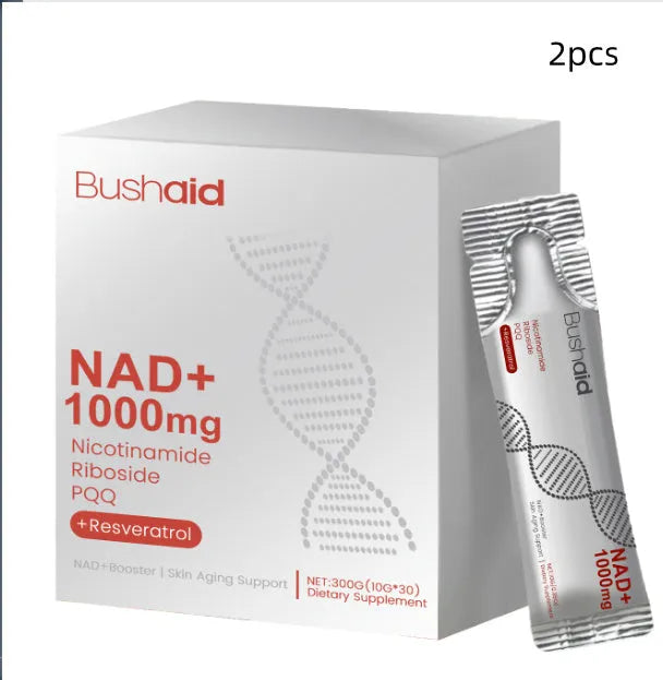 Anti aging drink bottle showing 300g capacity with ingredients nicotinamide riboside and resveratrol