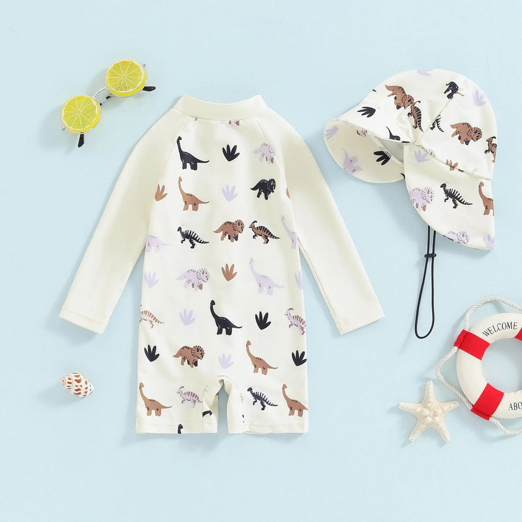 Girls long-sleeve one-piece swimsuit with attached hat in ivory white, light green, or slabstone grey, sizes 70-110
