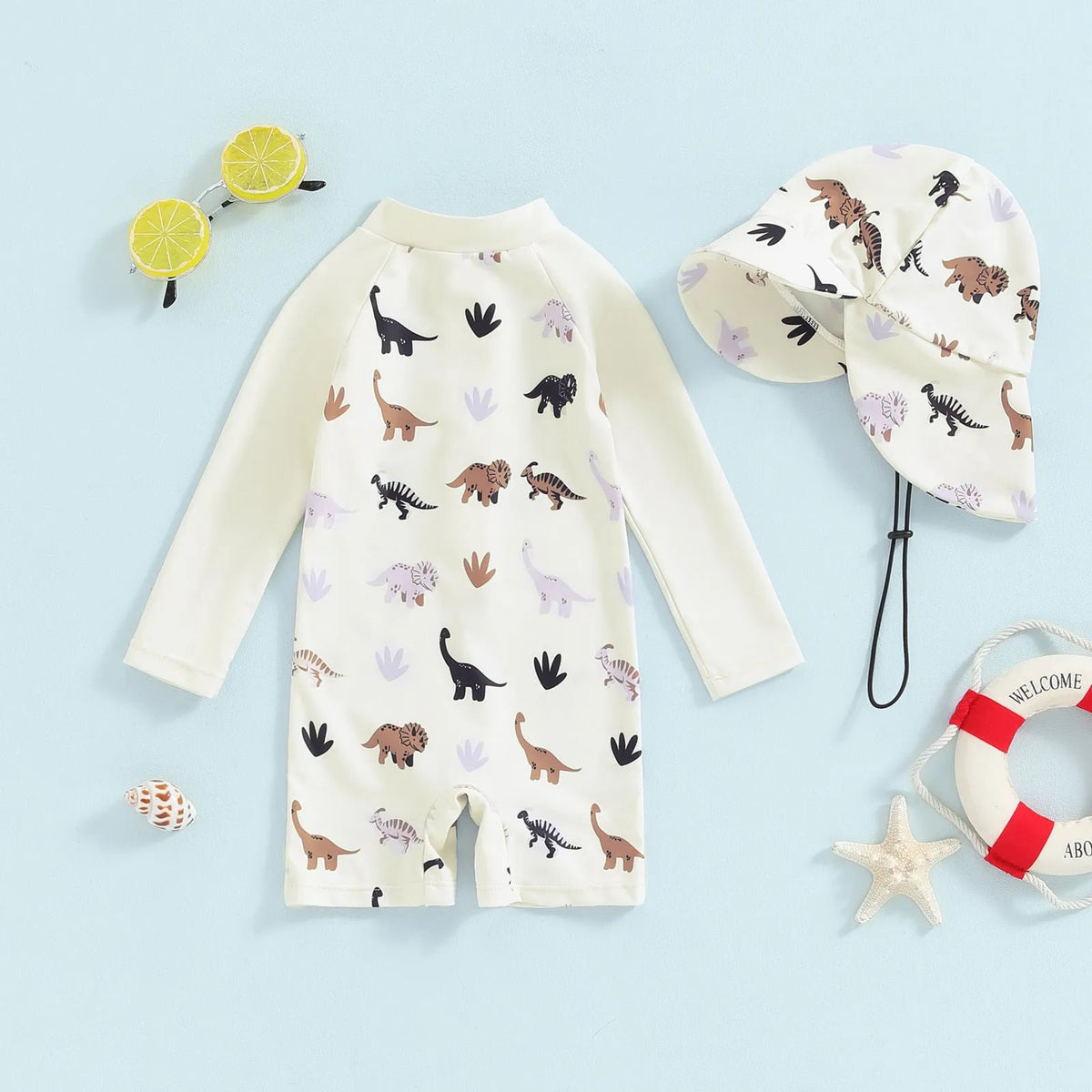 Girls long-sleeve one-piece swimsuit with attached hat in ivory white, light green, or slabstone grey, sizes 70-110