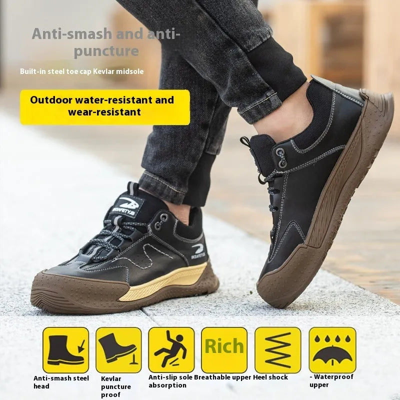 Flyknit safety work shoes with leather upper and rubber sole available in black, brown, and grey