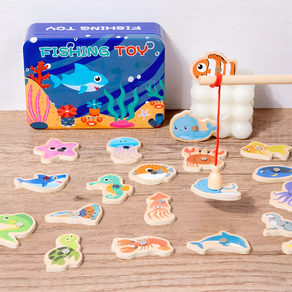 Children's magnetic fishing toy wooden iron box 20 fish and 1 fishing rod for infants