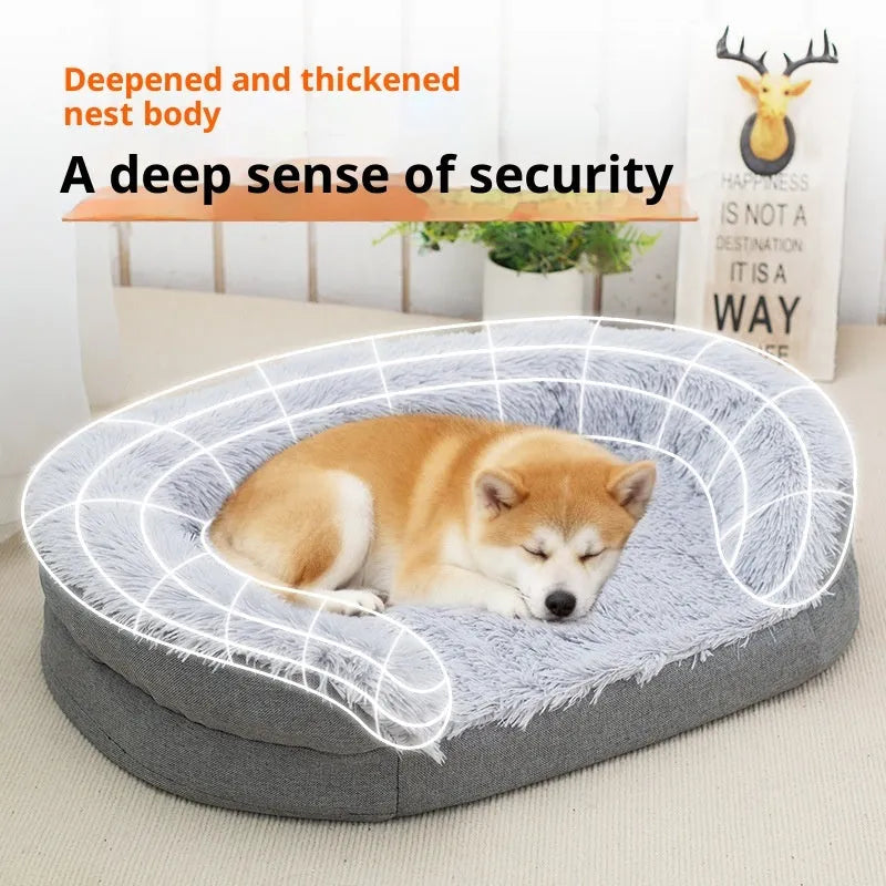 Grey long wool oval open nest dog kennel, cloth plush pet bed in Medium or Large size