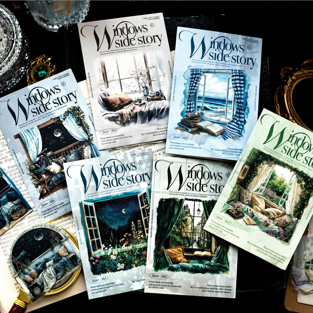 Set of six retro-style decorative stickers with seasonal window scene designs for journals.