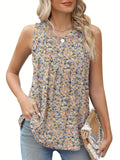Plus size sleeveless vest with floral print in black or khaki featuring a round neck and loose fit