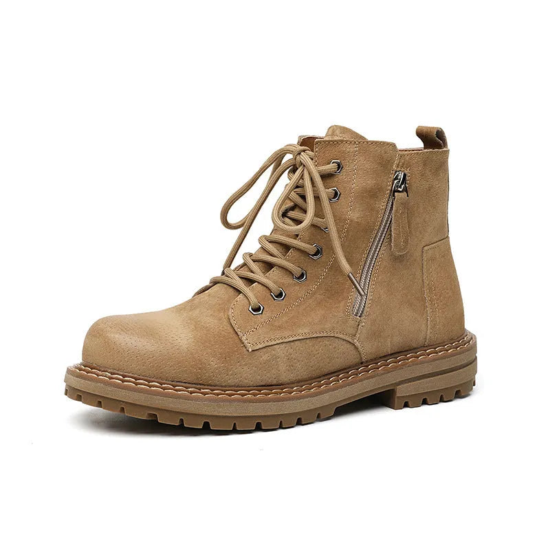 Side zip ankle boots with pigskin upper, seven-hole lace-up, English muffin heel, in black, khaki or yellow