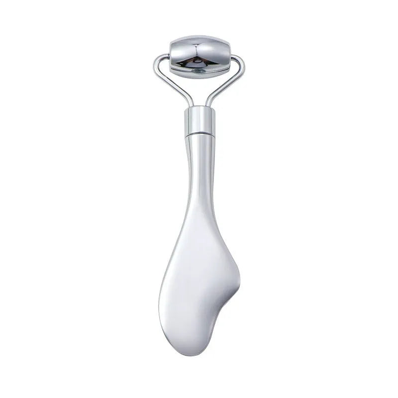 Stainless steel facial roller and scraping plate set for manual acupuncture and massage.