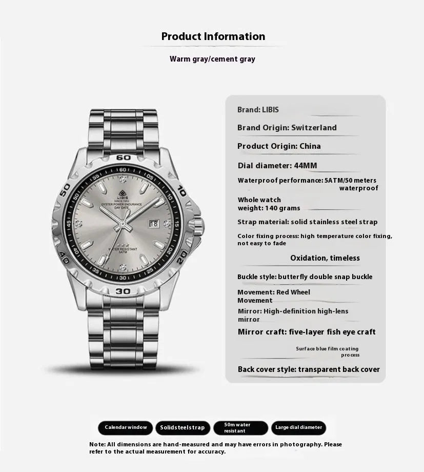 Men's silver business watch with stainless steel strap and sapphire crystal glass