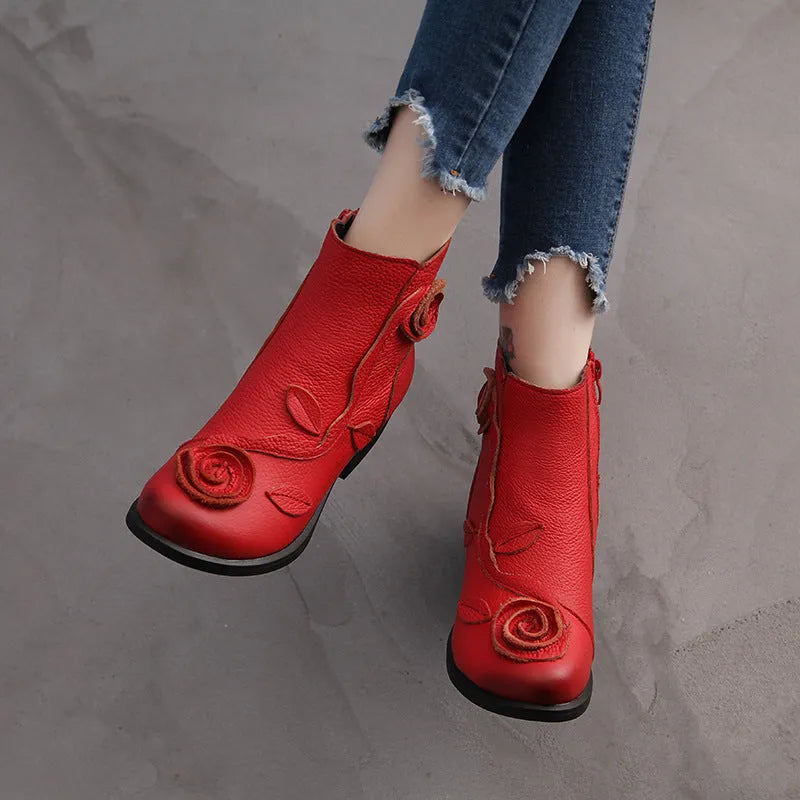 Handmade genuine leather Martin boots with chunky 3-5cm square heel, round toe and ethnic floral embossed upper, red or black.