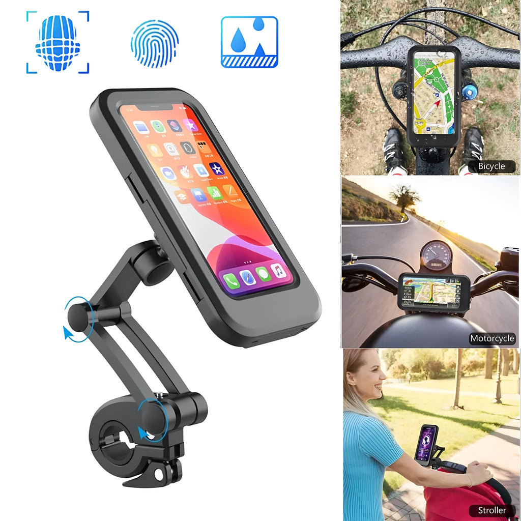 Black waterproof bike phone holder mount with magnetic suction for 4 to 6.7 inch phones on handlebar