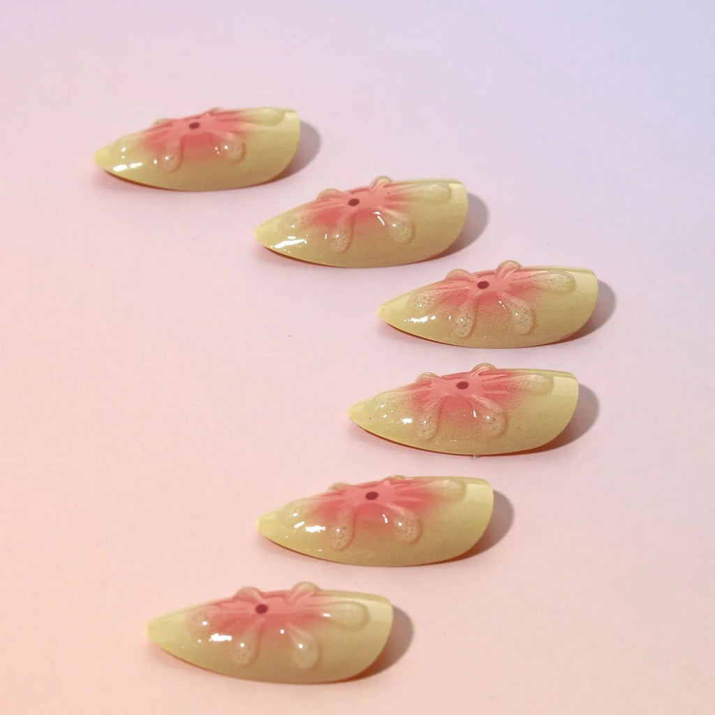 Cartoon-style 3D flower press-on fake nails set with plastic armour pieces, jelly glue, and file, colour TY-318.