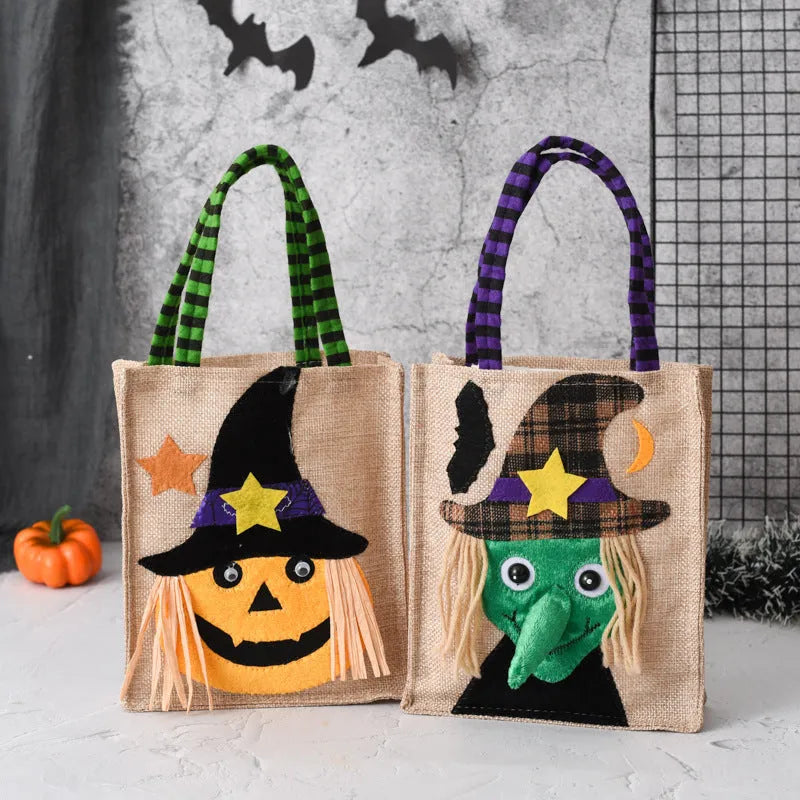 Halloween candy tote bag in linen with witch skull pumpkin and black cat designs for kids