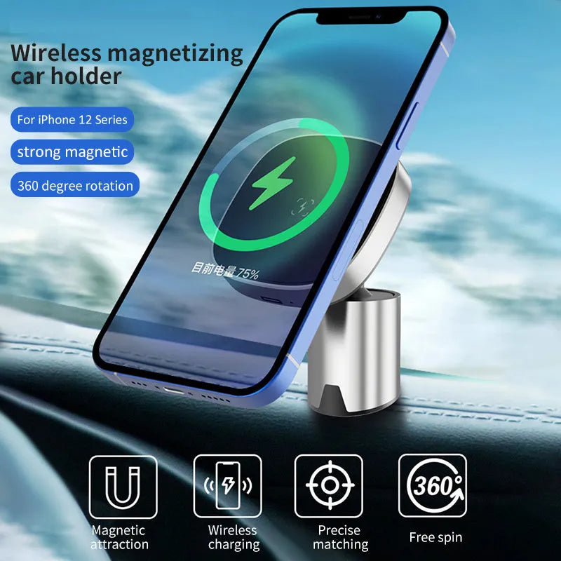 Magnetic wireless car phone holder for iPhone 12 series, Qi charging, Type-C, Grey or Silver, air vent or dashboard mount