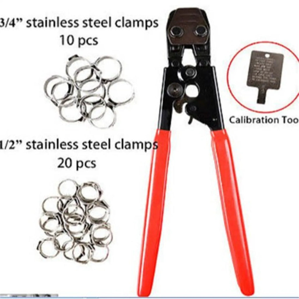 Red cloth PEX clamp set with carbon steel cutting edge for secure plumbing connections