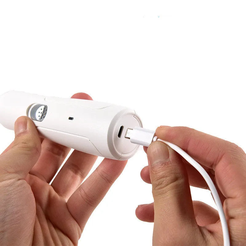 Electric pet nail trimmer in black or white with ABS body, USB charging cable and nail polisher for pet grooming.