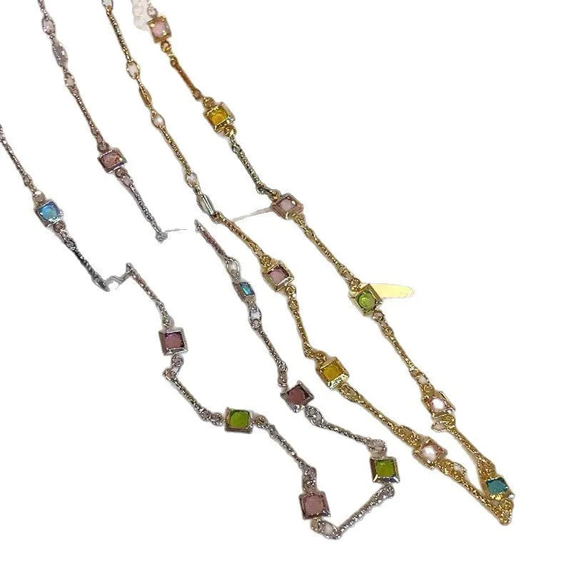Square colour geometric clavicle chain necklace with artificial crystal accents on alloy chain